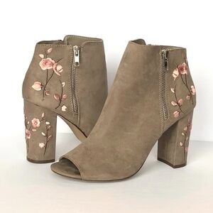 Candies Floral Embroidered Peep Toe Ankle High Heeled Boots